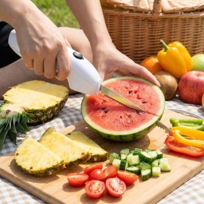 Faca elétrica sem fios - lâminas duplas em aço inoxidável, 21 cm, corte carne assada e pão em segundos | SLICETRON